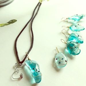 Blue sea glass & initial charm necklace